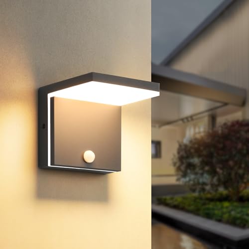 KUKAK LED Wandleuchte Aussen Innen mit Bewegungsmelder,12W Außenlampe Wand,IP65 Wasserdichte Außenwandleuchte 3000K Warmweiß Wandlampe,Aussenleuchte für Garten Terrasse Dunkelgrau von KUKAK