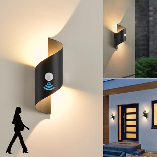 LED Wandleuchte Innen/Außen mit Bewegungsmelder,10W Außenleuchte Wandlampe,IP65 wasserdichte lampe Wand 3000K Warmweiß Wandbeleuchtung,Modern Up Down Dekorative Wandlichter für Garten,Balkon schwarz von KUKAK