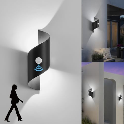 LED Wandleuchte Innen/Außen mit Bewegungsmelder,10W Außenleuchte Wandlampe,IP65 wasserdichte lampe Wand 6000K kaltweiß Wandbeleuchtung,Modern Up Down Dekorative Wandlichter für Garten,Balkon schwarz von KUKAK