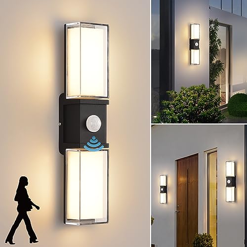 LED Wandleuchte Innen/Aussen mit Bewegungsmelder,12W Wandlampe,IP65 Wasserdichte Außenlampe 3000K Warmweiß Wandleuchten,Modern Up Down Aussenleuchte, Schwarz Aluminium Aussenlampe für Eingang Terrass von KUKAK