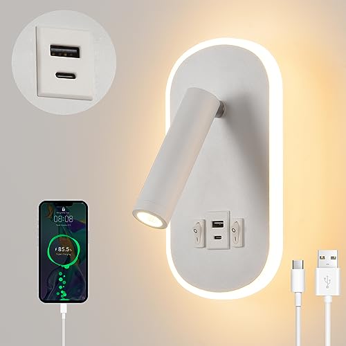 LED leselampe,wandlampe mit schalter,USB + TYPE C Ladeanschluss Wandleuchte,3W 3000K+9W 6000K Beleuchtung wand Leselicht,Schwenkbar Bettlampe,Lampe innen,Schlafzimmer Hotels Nachttischlampe Weiß von KUKAK