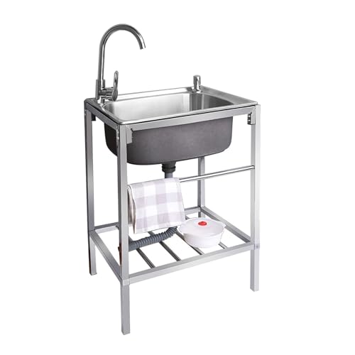 Spüle Edelstahl,Edelstahl Waschbecken for den Außenbereich,Outdoor Garage Garten Camping Keller Ausgussbecken mit Backsplash Abfluss Sieb,Spülbecken mit Warm Kaltwasserhahn(53 * 38cm) von KUKIXKK