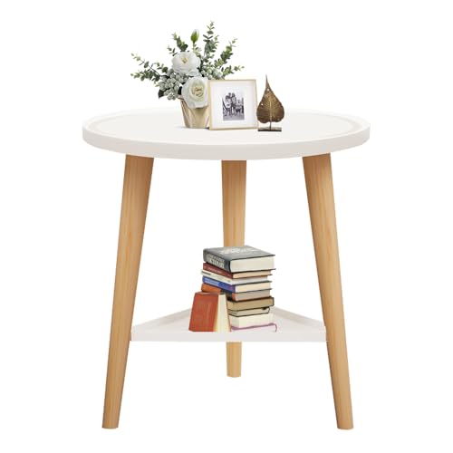 KUKKUME Beistelltisch Rund 2-Stufiger Kleiner Tisch mit Aufbewahrung Beistelltisch Bett Holz Couchtisch Weiß Kaffeetisch Sofatisch Nachttisch Side Table für Wohnzimmer Schlafzimmer Büro 40 × 44 cm von KUKKUME
