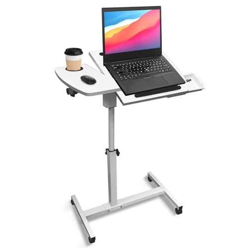 KUKKUME Laptoptisch Beistelltisch Höhenverstellbarer mit Rollen Mobiler Stehpult Schreibtisch Computertisch mit Schublade und Kippbarer Geteilter Oberseite für Büro Sofa Pflegebett (Weiß) von KUKKUME