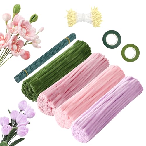 KUKKUME Pfeifenreiniger Blumen Set 400 Stück Pfeifenputzer zum Basteln Pipe Cleaner Flower Set Blumen Bouquet Twister mit Grün Basteldraht, Blütenmitte, Floristenkrepp für Blumenstrauß DIY von KUKKUME