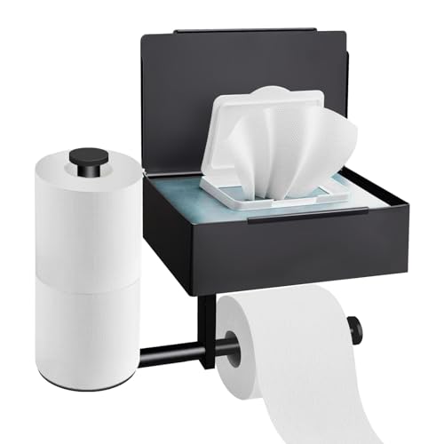 Toilettenpapierhalter Ohne Bohren Klopapierhalter Edelstahl Leises Design Klorollenhalter mit Feuchttücherbox WC Papier Halterung Rollenhalter Selbstklebend für Toilette Bad Küche (Schwarz) von KUKKUME
