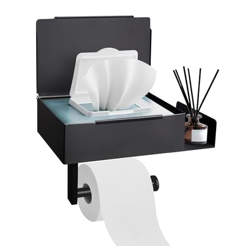 Toilettenpapierhalter mit Feuchttücherbox Klopapierhalter Ohne Bohren Klorollenhalter Edelstahl Leises Design WC Papier Halterung Rollenhalter Selbstklebend für Toilette Bad Küche (Schwarz) von KUKKUME