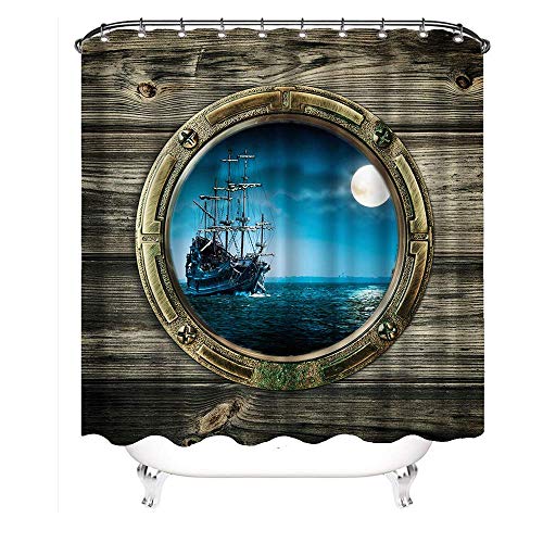 KUKUALE Altes Segelboot Segeln im Ozean Duschvorhang Sea Moon Nautisches Bullauge Fensteransicht Druck Bad Vorhang Stoff Stoff Badezimmer Dekor Set mit Haken 180x180cm (71x71in) von KUKUALE