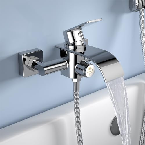 KULACO Badewannenarmatur Wasserfall, Wasserhahn Badewanne Mischbatterie mit Druckschalter, Einhand Badewanne Armatur aus Messing, Bad Duscharmatur Aufputz Wannenbatterie für Badezimmer - Chrom von KULACO