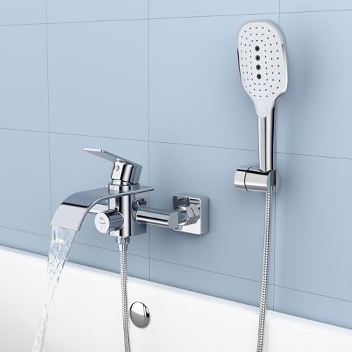 KULACO Badewannenarmatur mit Handbrause, Wasserfall Wasserhahn Badewanne, Messing Mischbatterie Dusche mit Druckschalter, Chrom Duscharmatur mit 3 Funktionen, Armatur Badewanne Wannenarmatur für Bad von KULACO