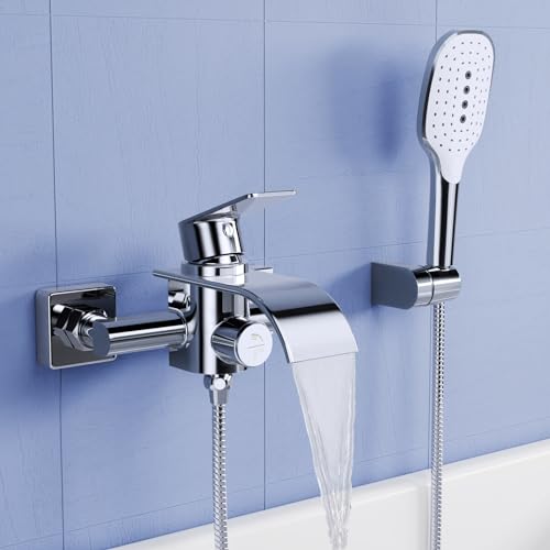 KULACO Badewannenarmatur mit Handbrause, Wasserhahn Badewanne Armatur Wasserfall, Messing Mischbatterie Dusche mit 3 Funktionen, Wannenarmatur mit Druckschalter, Duscharmatur Wandmontage - Chrom von KULACO