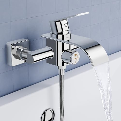 KULACO Badewannenarmatur Wasserfall, Wasserhahn Badewanne Wannenbatterie aus Messing, Duscharmatur Chrom Badewanne Armatur mit Druckschalter Mischbatterie Dusche Wannenarmatur für Badezimmer von KULACO