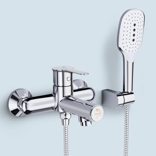 KULACO Badewannenarmatur mit Handbrause, Wasserhahn Badewanne mit Druckschalter, Einhand Armatur Badewanne aus Messing, Chrom Wannenarmatur mit 3 Funktionen, Mischbatterie Dusche Duscharmatur für Bad von KULACO