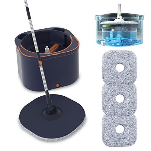 Flacher Bodenwischer und Eimer-Set mit Klingel, Mikrofaser-Drehmopp mit verstellbarem Höhengriff, unterstützt Selbsttrennung von Abwasser und sauberem Wasser, nass und trocken, Fliesen, Marineblau von KULAMOON