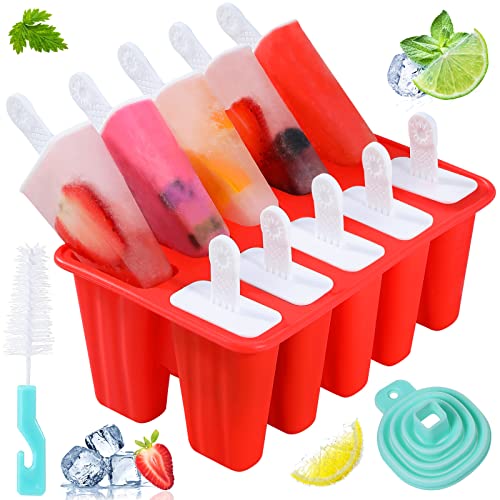 Stieleis-Formen, Silikon-Eisformen, BPA-frei, wiederverwendbar, leicht zu lösen, hausgemachte Eisform mit Silikontrichter und Reinigungsbürste (rot, 10 Mulden) von KULENAND
