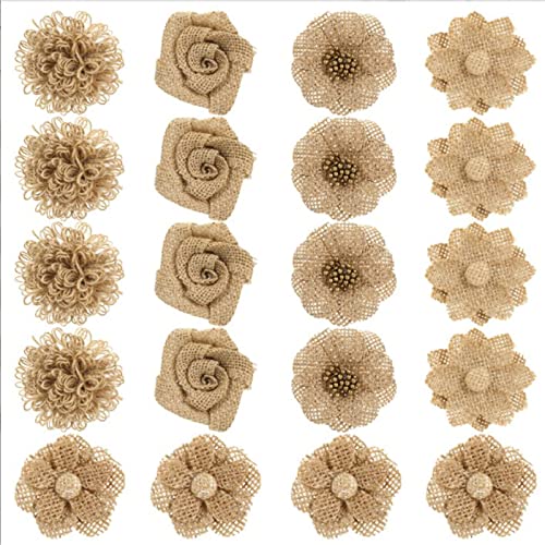 KUMGROT 20 Stück Jute-Stoffblumen, 5 Stile, natürliche, handgefertigte Rosen, DIY, Vintage, rustikale Blumen für Handwerk, Party-Dekoration von KUMGROT