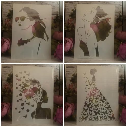 Wiederverwendbare Schablonen zum Malen, A4, 29 cm, modische Schablonen für Mädchen, Schmetterling, zum Malen auf Holz, Leinwand, Papier, Stoff, Stein, DIY-Kunst- und Bastelschablonen, 4 Stück Wiederverwendbare Schablonen zum Malen, A4, 29 cm, modische Schablonen für Mädchen, Schmetterling, zum Malen auf Holz, Leinwand, Papier, Stoff, Stein, DIY-Kunst- und Bastelschablonen, 4 Stück von KUNGZUNMOLDS