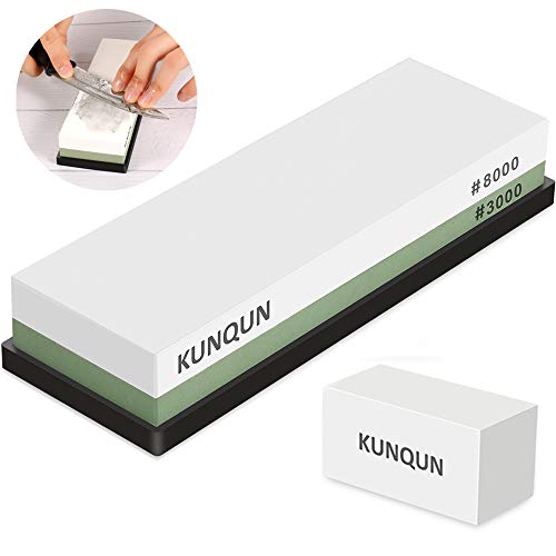 KUNQUN Schleifstein Set, 3000 8000 Wetzstein Fuer Messer, 2 Seite Körnung Abziehstein Schleifstein nass mit rutschfest Silikonhalter & Gratis Abflachender Stein| Beste schleifhilfe Fuer die Küche von KUNQUN