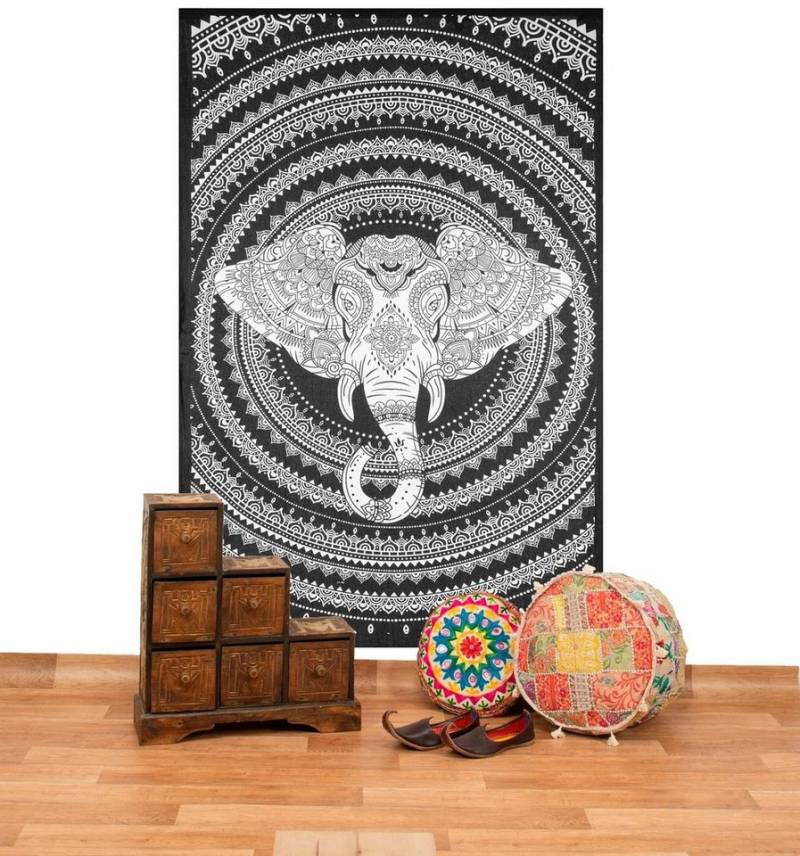 KUNST UND MAGIE Wandteppich Tagesdecke Wandbehang Deko Tuch Elefant Mandala ca 135 x 200cm Indien von KUNST UND MAGIE
