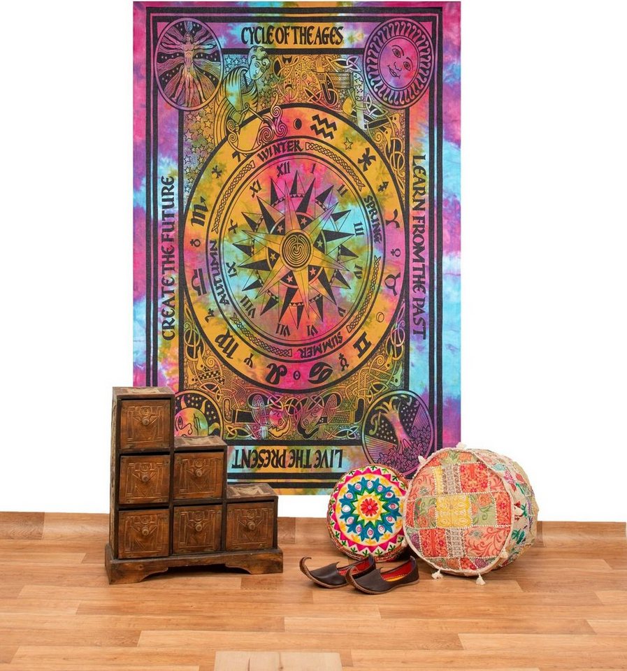 Wandteppich Astrologie Tagesdecke Wandbehang Bunt Deko TuchCycle of the Ages Goa, KUNST UND MAGIE von KUNST UND MAGIE