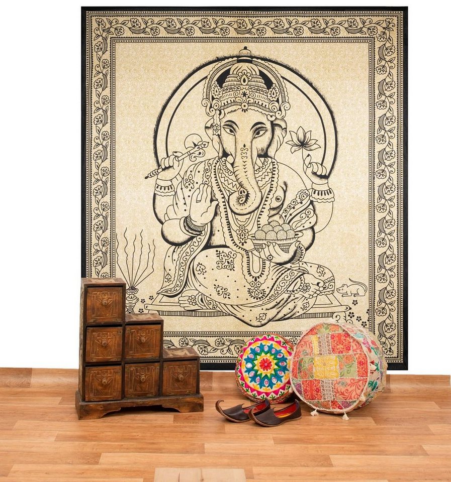 Wandteppich Ganesha Dekotuch Große Tagesdecke Wandbehang Tuch Goa 200 x 225 cm, KUNST UND MAGIE von KUNST UND MAGIE
