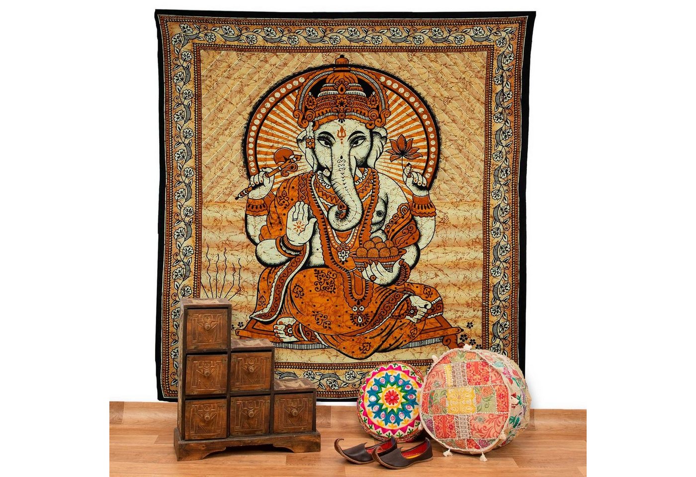 Wandteppich Ganesha Dekotuch Große Tagesdecke Wandbehang Tuch Goa 210 x 230 cm, KUNST UND MAGIE von KUNST UND MAGIE