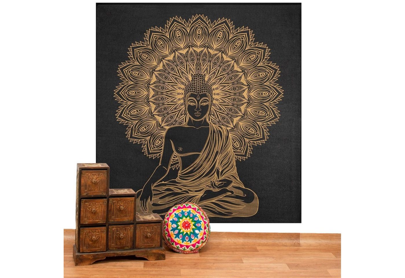 Wandteppich Tagesdecke Wandbehang Wandteppich Deko Tuch Buddha Meditation Gold XXL, KUNST UND MAGIE von KUNST UND MAGIE