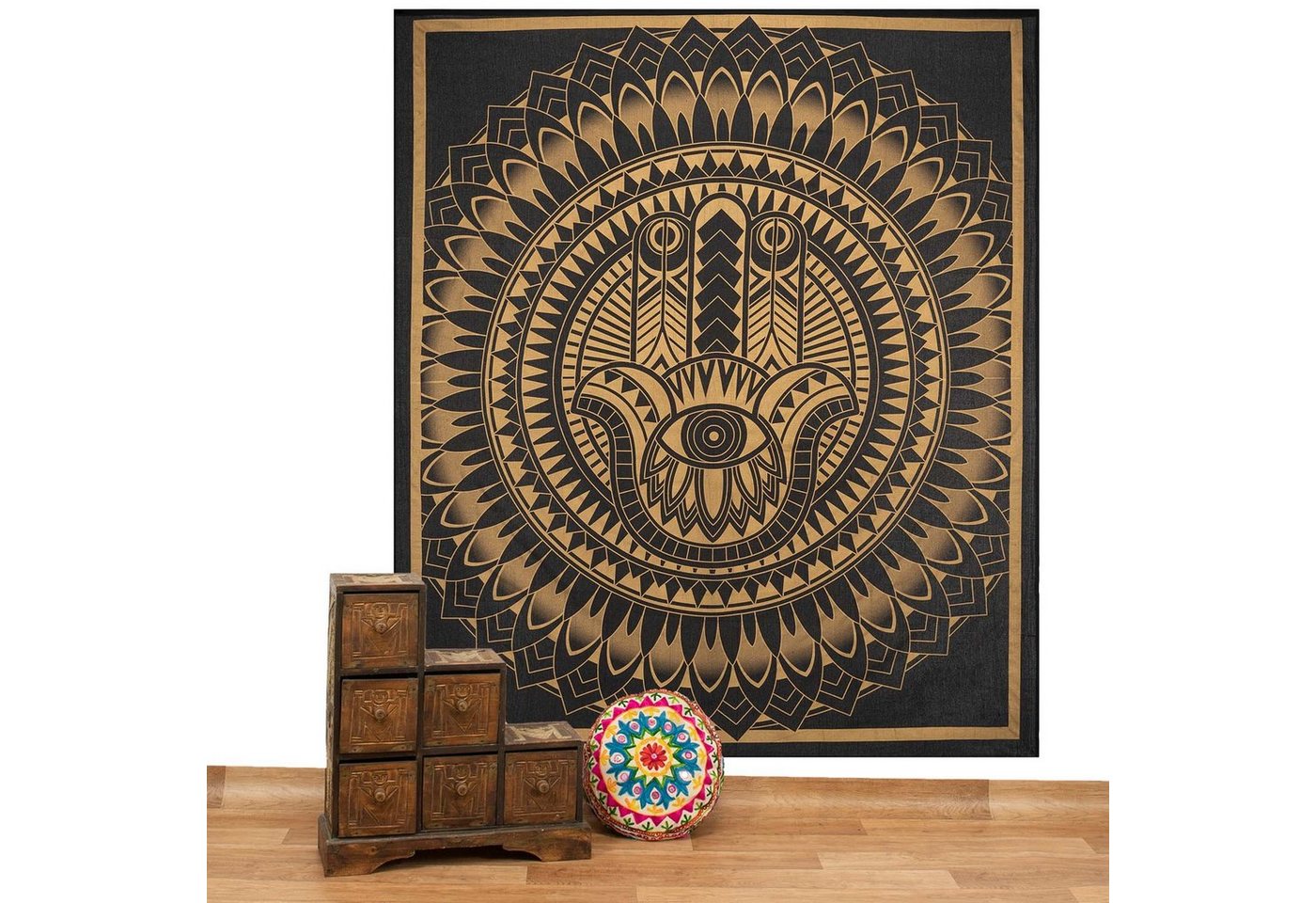 Wandteppich Tagesdecke Wandbehang Deko Tuch Chakra Meditation Gold ca. 200 x 230cm, KUNST UND MAGIE von KUNST UND MAGIE