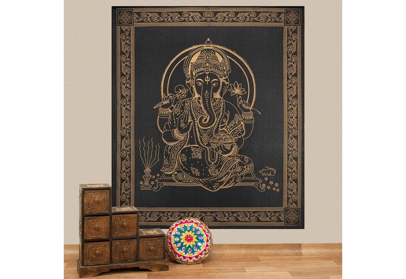 Wandteppich Tagesdecke Wandbehang Deko Tuch Lord Ganesha Gold ca. 200 x 230cm, KUNST UND MAGIE von KUNST UND MAGIE