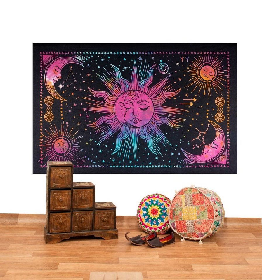 Wandteppich Tagesdecke Wandbehang Bunt Sonne Mond und Sterne Hippie ca.200 x 140cm, KUNST UND MAGIE von KUNST UND MAGIE