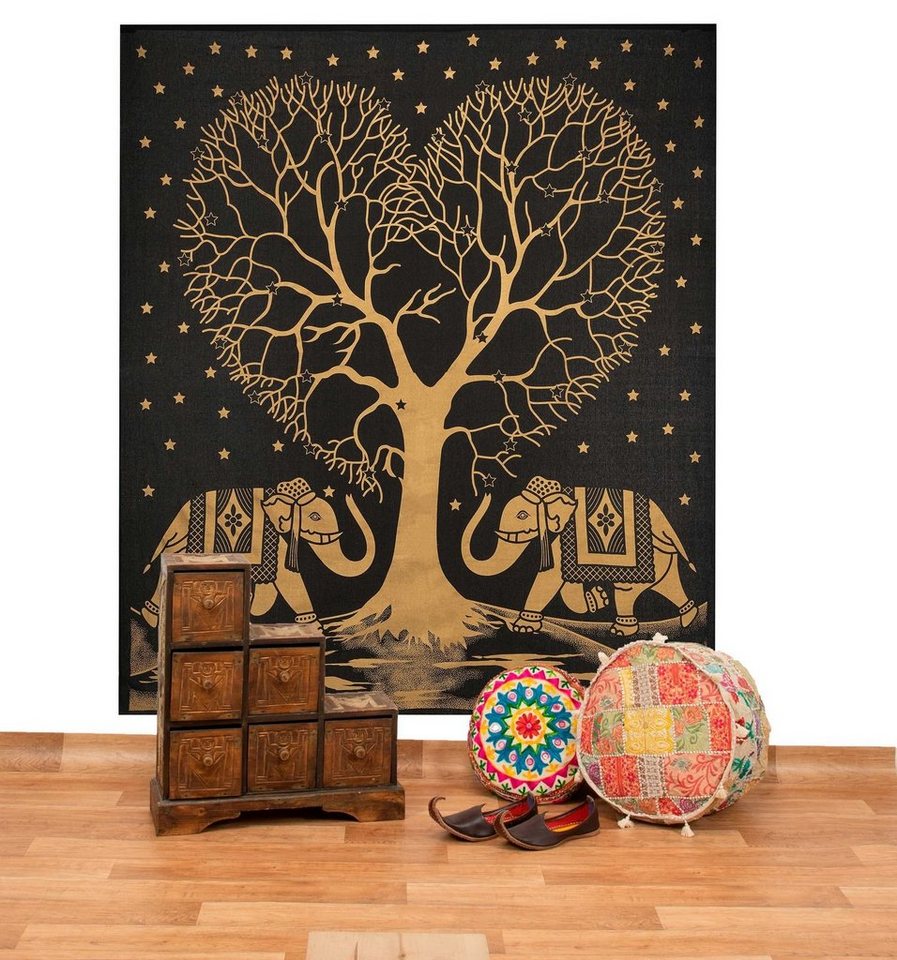 Wandteppich Tagesdecke Wandbehang Goldener Liebes Baum Elefant ca.200x230cm, KUNST UND MAGIE von KUNST UND MAGIE