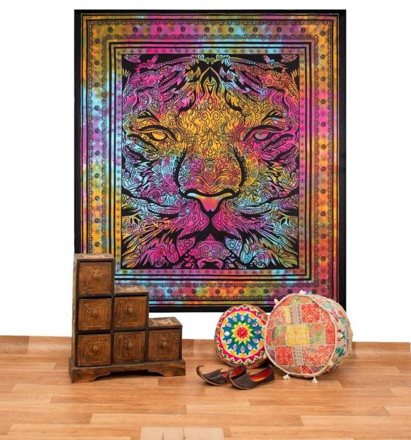 KUNST UND MAGIE Wandteppich Tagesdecke Wandbehang Deko Tuch Tiger Meditation ca. 200 x 225 cm von KUNST UND MAGIE