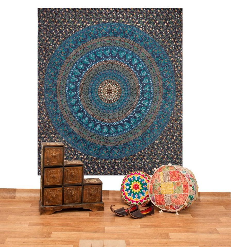 Wandteppich Tagesdecke Wandbehang Mandala Dekotuch Indisch Elefant ca 200x230cm, KUNST UND MAGIE von KUNST UND MAGIE