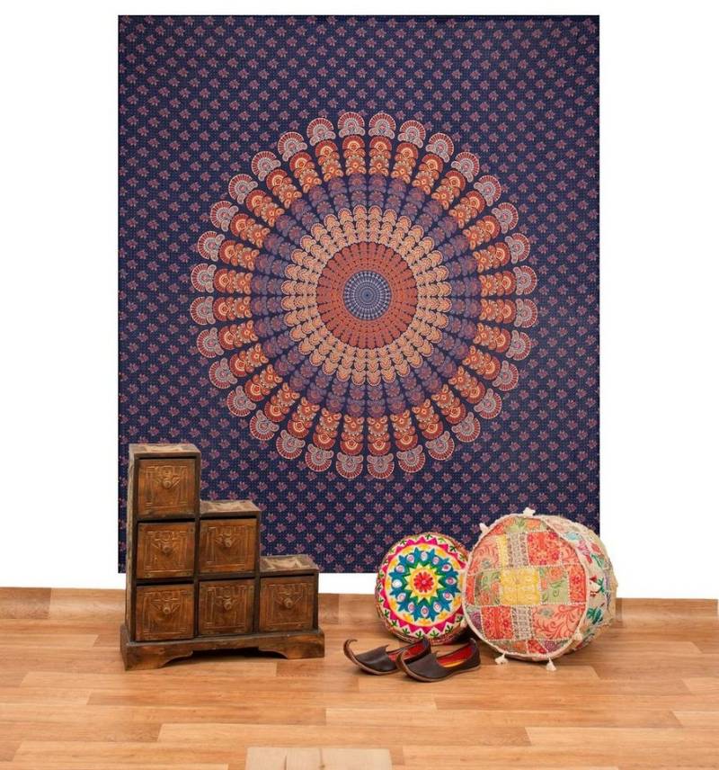 KUNST UND MAGIE Wandteppich Tagesdecke Wandbehang Mandala Deko Tuch Peacock Pfau XL ca 200x230cm von KUNST UND MAGIE