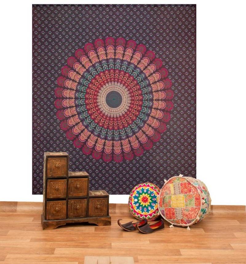 KUNST UND MAGIE Wandteppich Tagesdecke Wandbehang Mandala Deko Tuch Peacock Pfau XL ca 200x230cm von KUNST UND MAGIE