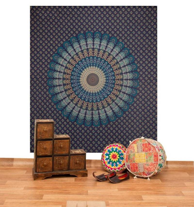 KUNST UND MAGIE Wandteppich Tagesdecke Wandbehang Mandala Deko Tuch Peacock Pfau XL ca 200x230cm von KUNST UND MAGIE