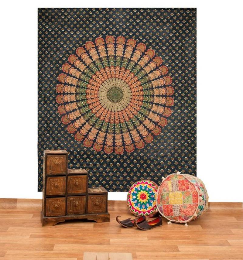 Wandteppich Tagesdecke Wandbehang Mandala Deko Tuch Peacock Pfau XL ca 200x230cm, KUNST UND MAGIE von KUNST UND MAGIE