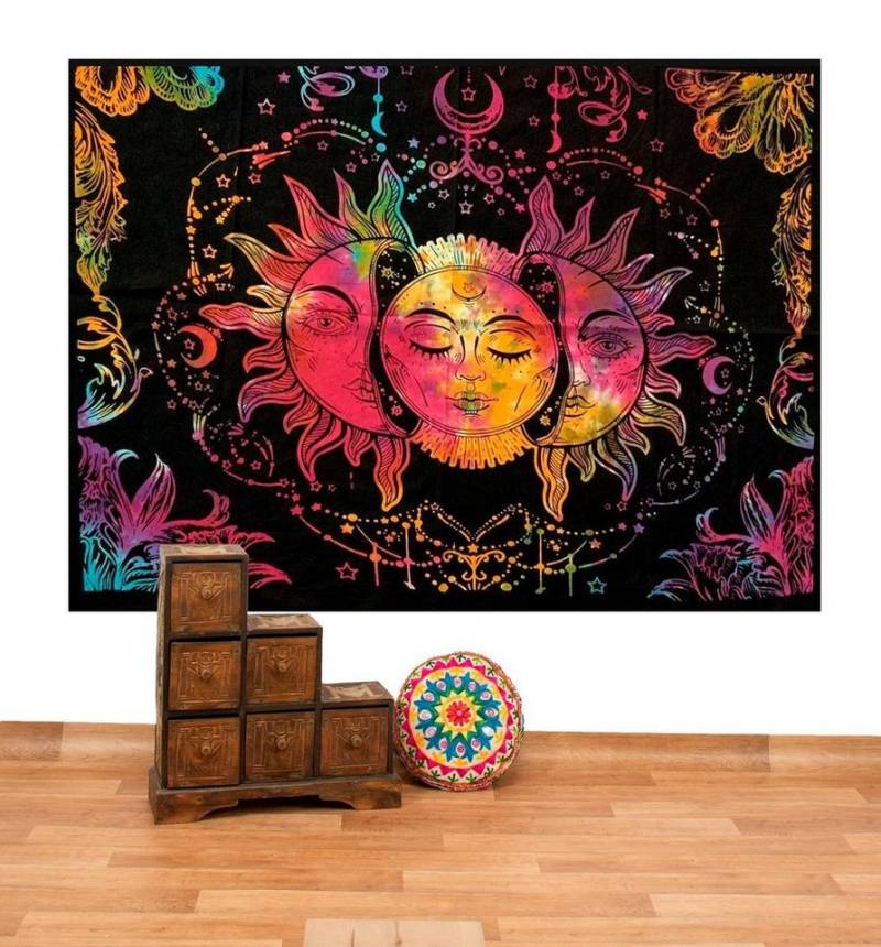 KUNST UND MAGIE Wandteppich Tagesdecke Wandbehang Sonne Mond und Sterne Bunt XL ca. 200 x 230cm von KUNST UND MAGIE