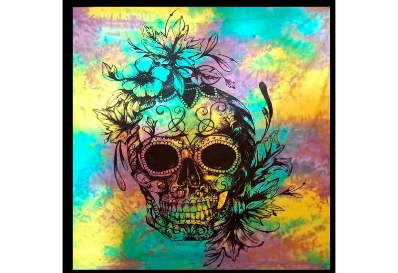 KUNST UND MAGIE Wandteppich Tagesdecke Wandbehang Totenkopf Deko Tuch Sugar Skull Tattoo Bunt XL von KUNST UND MAGIE
