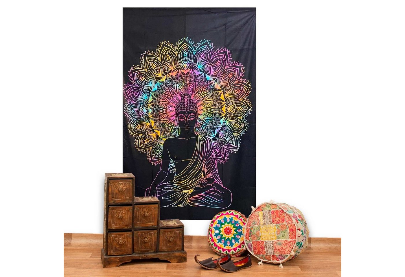 Wandteppich Tuch Buddha Tagesdecke Wandbehang Deko UV Schwarzlicht ca. 200 x 135cm, KUNST UND MAGIE von KUNST UND MAGIE