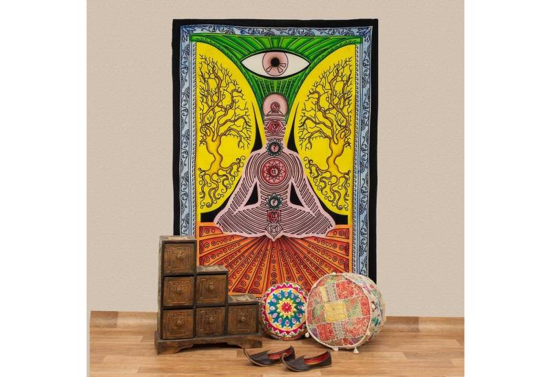 Wandteppich Tuch Chakra Tagesdecke Wandbehang Deko Yoga Schwarzlicht ca.200x135cm, KUNST UND MAGIE von KUNST UND MAGIE