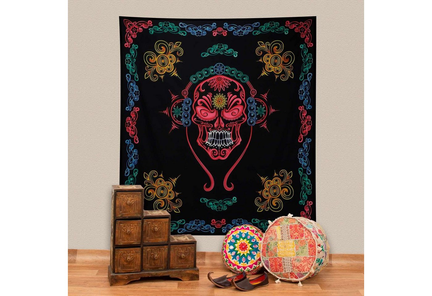 Wandteppich Wandbehang Dekotuch Tagesdecke La Catrina Totenkopf 205x225cm, KUNST UND MAGIE von KUNST UND MAGIE