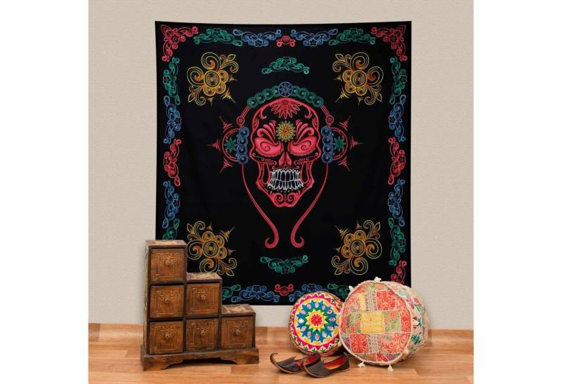 KUNST UND MAGIE Wandteppich Wandbehang Dekotuch Tagesdecke La Catrina Totenkopf 205x225cm von KUNST UND MAGIE