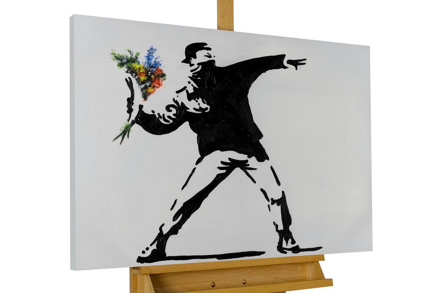 KUNSTLOFT Gemälde Banksy's Flower Attack 100x75 cm, Leinwandbild 100% HANDGEMALT Wandbild Wohnzimmer von KUNSTLOFT