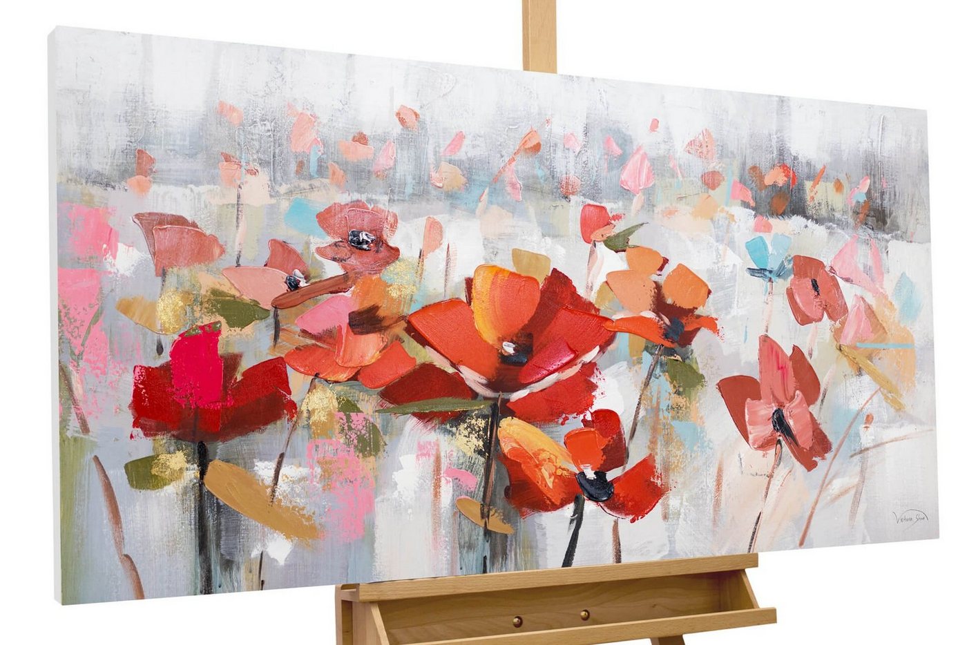 KUNSTLOFT Gemälde Mohnblumenmeer 120x60 cm, Leinwandbild 100% HANDGEMALT Wandbild Wohnzimmer von KUNSTLOFT