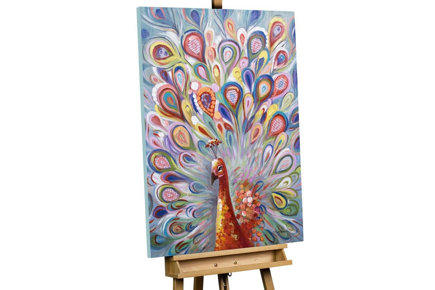 KUNSTLOFT Gemälde Pfau en Couleur 70x100 cm, Leinwandbild 100% HANDGEMALT Wandbild Wohnzimmer von KUNSTLOFT