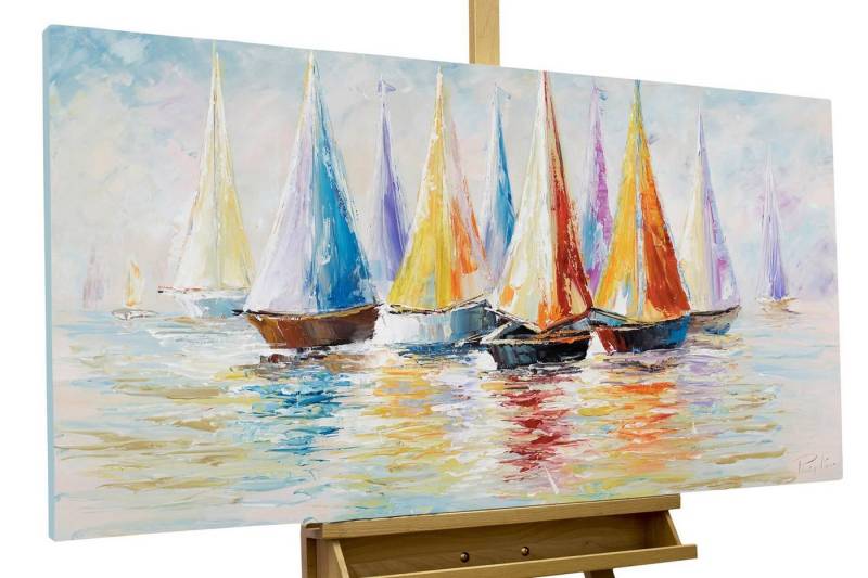 KUNSTLOFT Gemälde Rainbow Regatta 120x60 cm, Leinwandbild 100% HANDGEMALT Wandbild Wohnzimmer von KUNSTLOFT