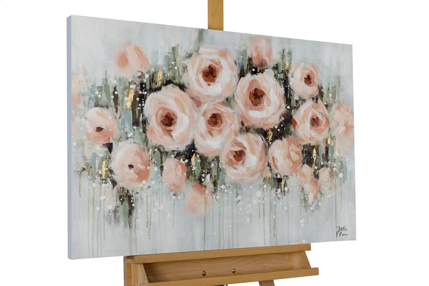 KUNSTLOFT Gemälde Splash of Roses 90x60 cm, Leinwandbild 100% HANDGEMALT Wandbild Wohnzimmer von KUNSTLOFT