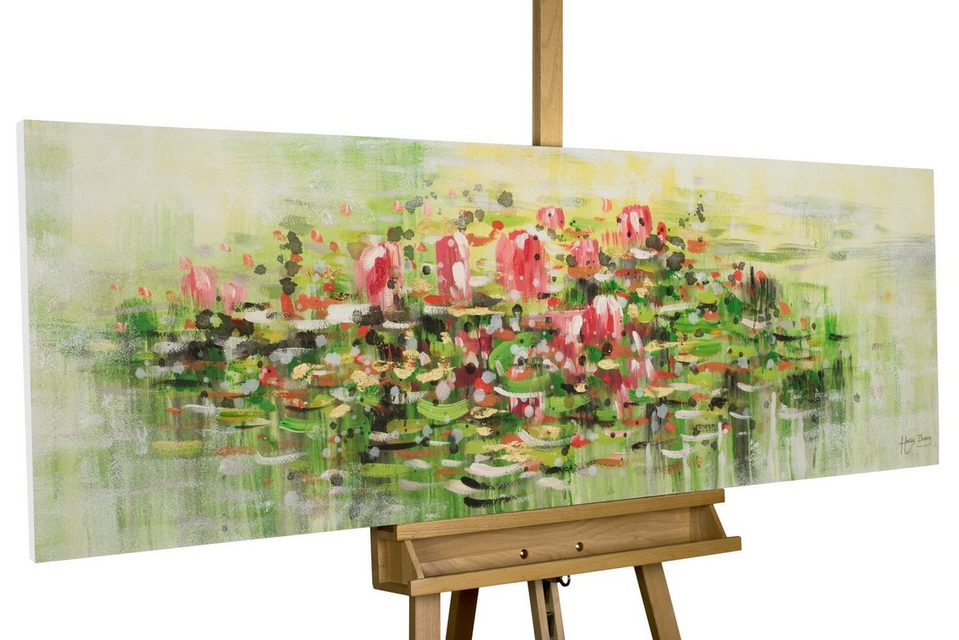 KUNSTLOFT Gemälde Water Lily Wishes 150x50 cm, Leinwandbild 100% HANDGEMALT Wandbild Wohnzimmer von KUNSTLOFT