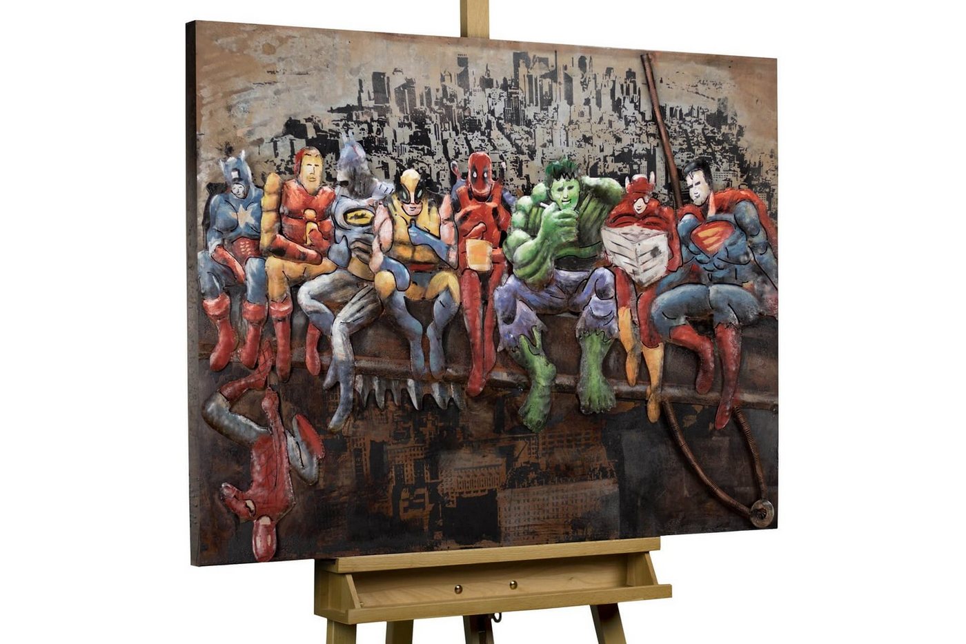 KUNSTLOFT Metallbild Helden der Stadt 100x75 cm, handgefertiges Wandrelief 3D von KUNSTLOFT